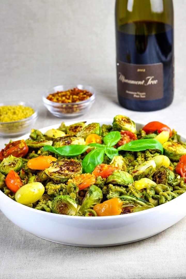 Roasted vegetable pasta in a bowl.