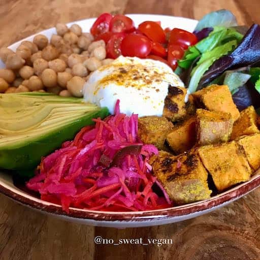 Vegan bowl with spicy pickled cabbage.