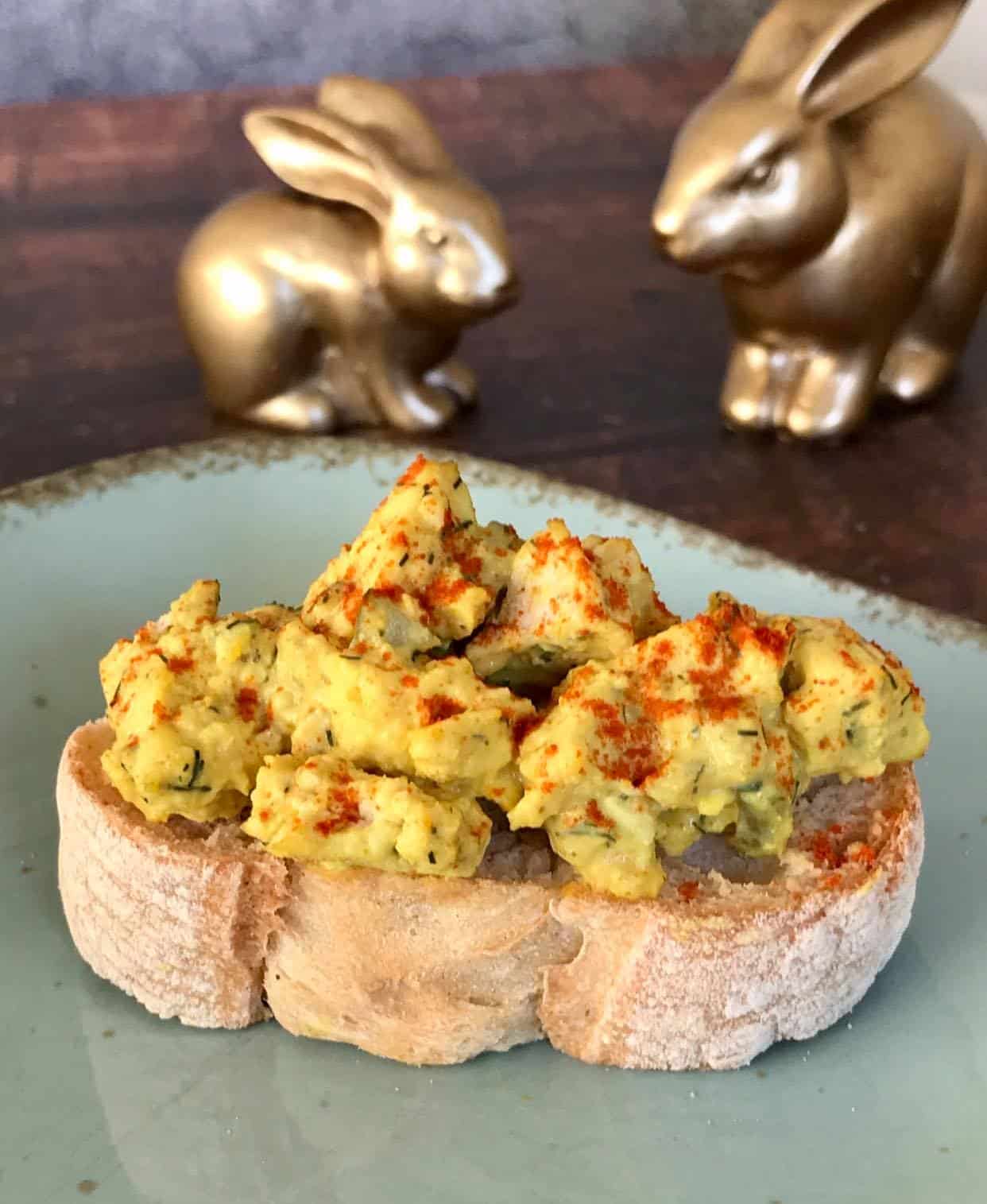 Closeup of vegan deviled egg crostini.