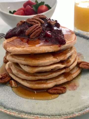 Vegan pancakes in a stack.