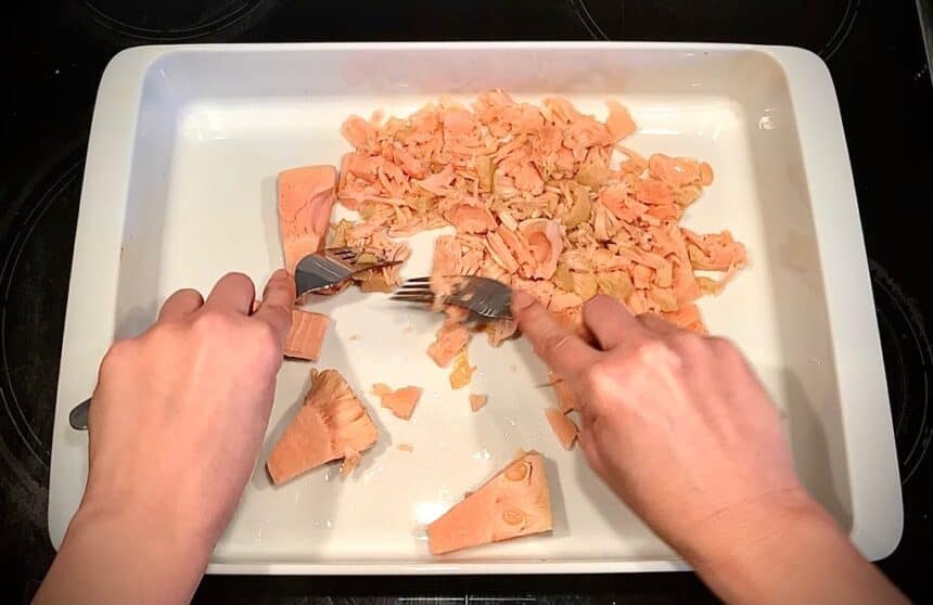 Hands shredding jackfruit with forks.