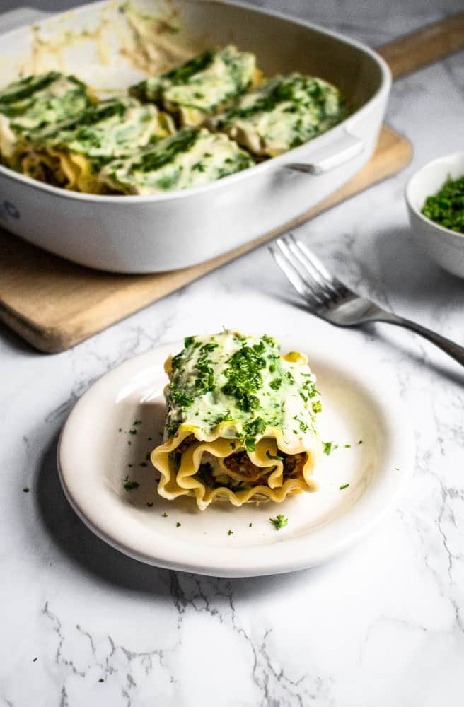 Vegan mushroom lasagna on a plate.