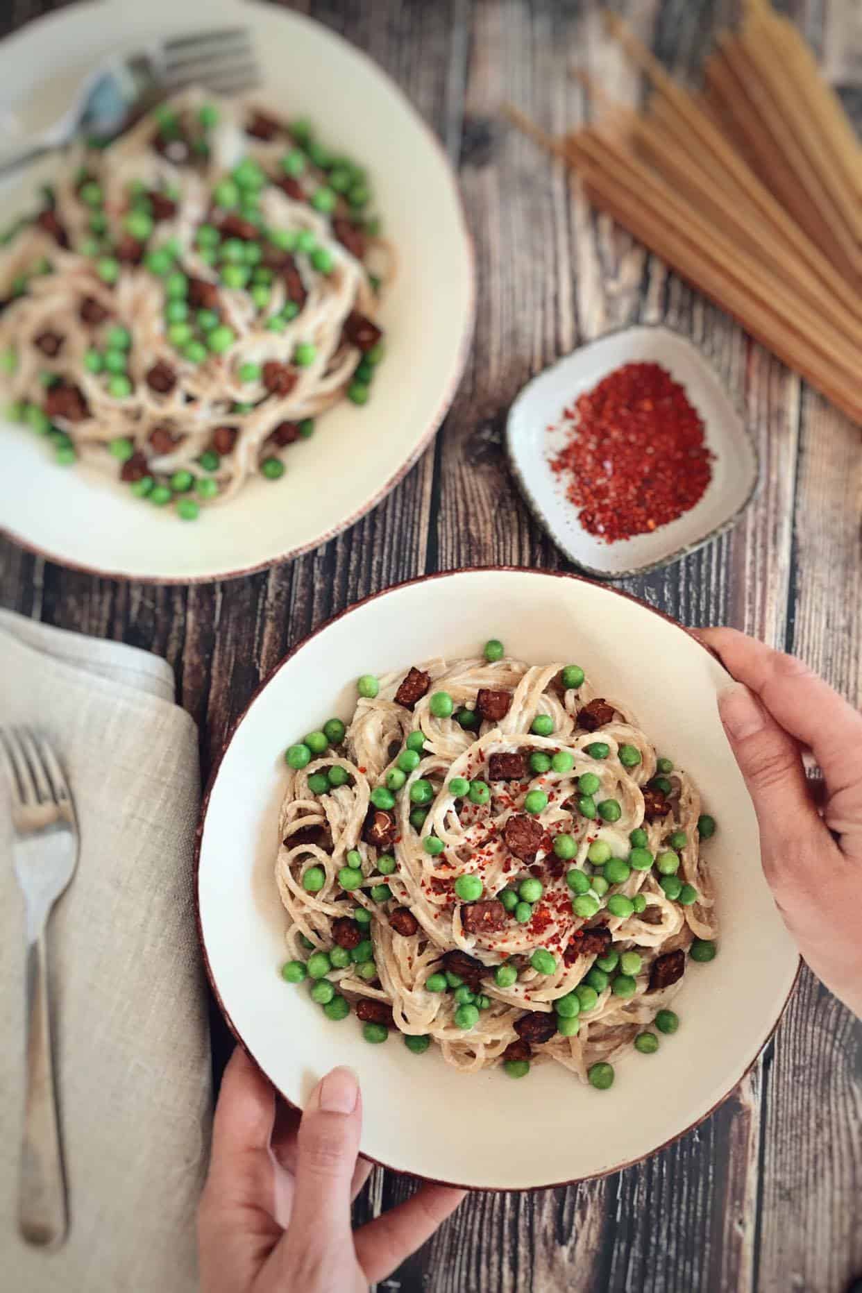 Vegan spaghetti carbonara.
