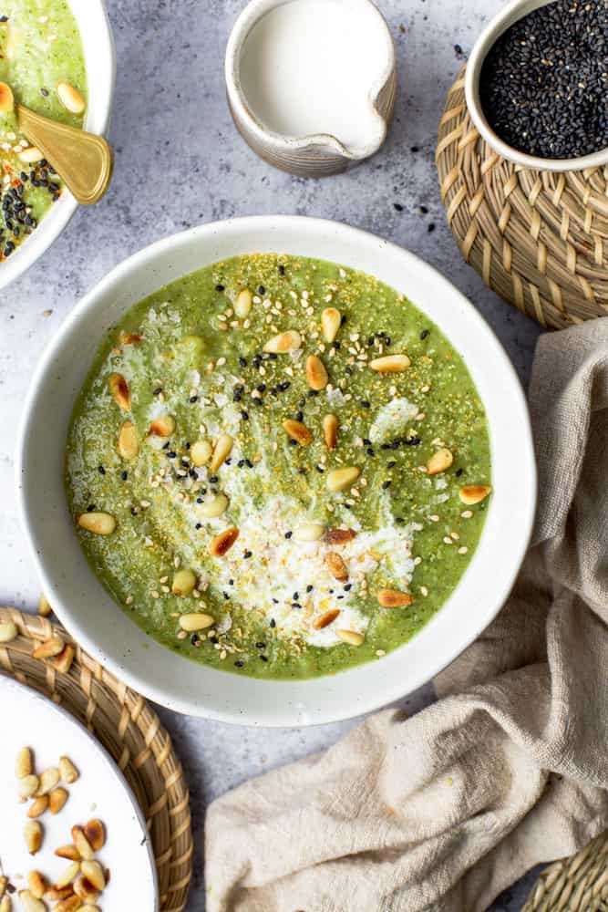 Vegan broccoli potato soup in a bowl.