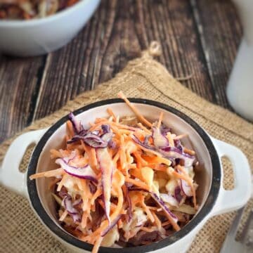 Vegan creamy coleslaw in a bowl.