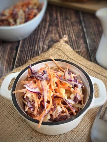 Vegan creamy coleslaw in a bowl.