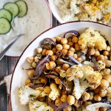 Sheet pan cauliflower and chickpeas in a bowl.