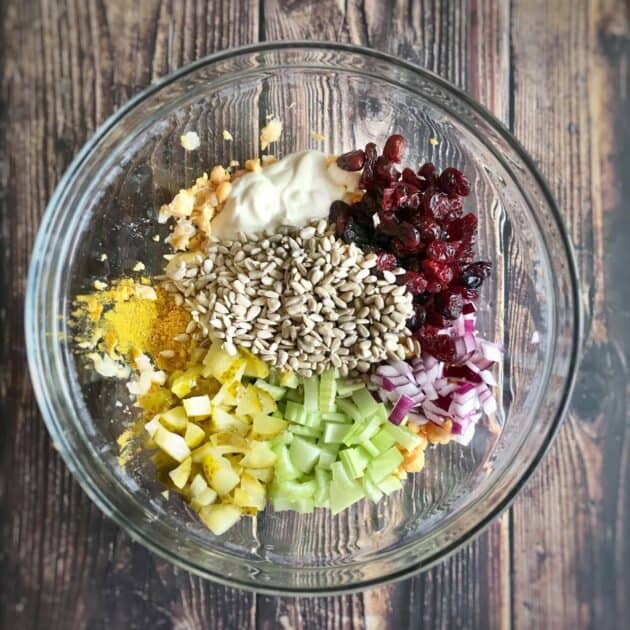 Vegan chickpea salad in bowl unmixed.