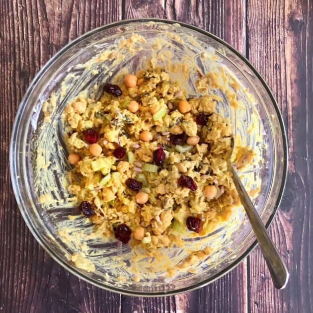 Oil free vegan chickpea salad preparation.