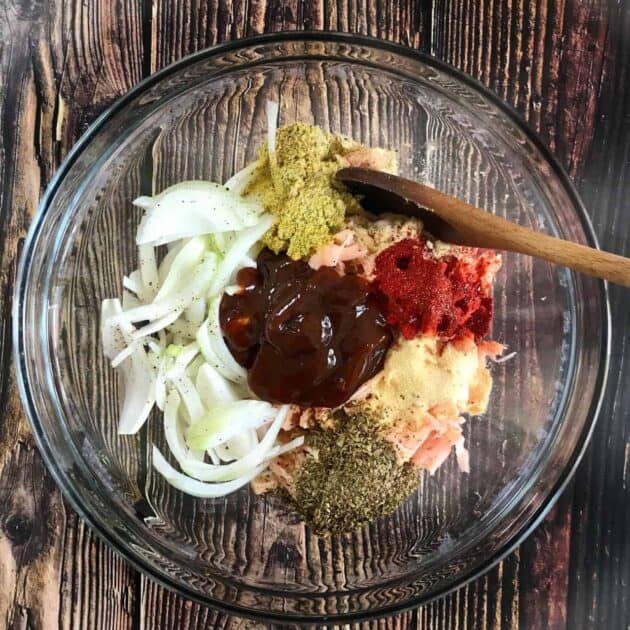 Shredded jackfruit and ingredients in a bowl.