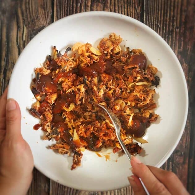 Shredded jackfruit with bbq sauce in a bowl.