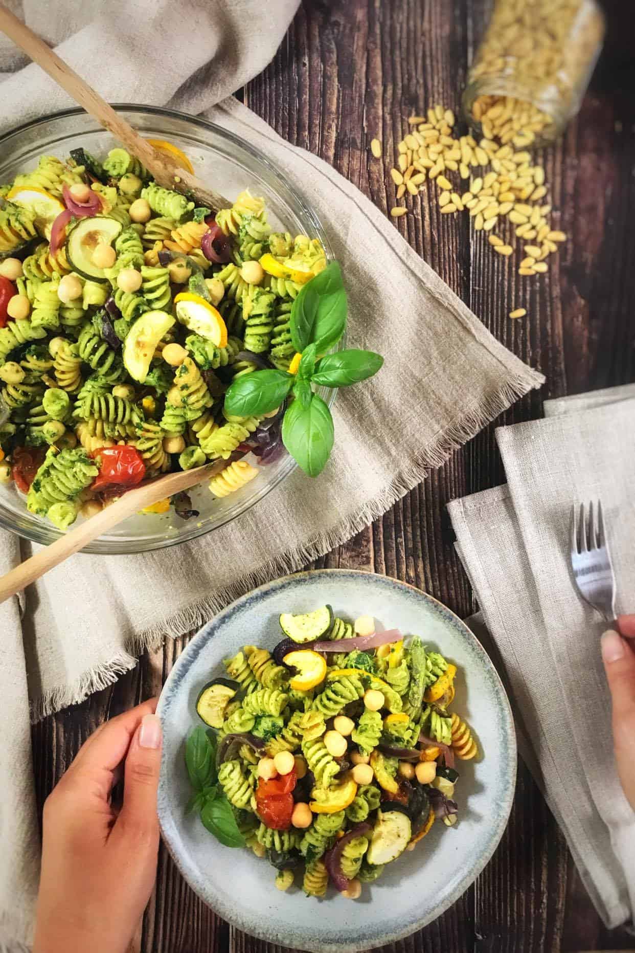 Vegan pesto pasta salad on a plate.