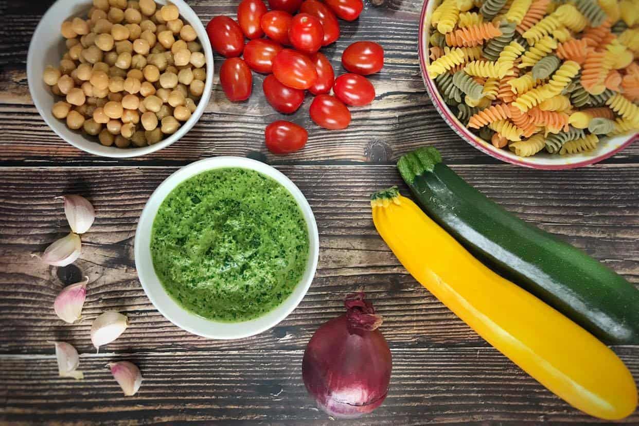 Ingredients for vegan pesto pasta salad.
