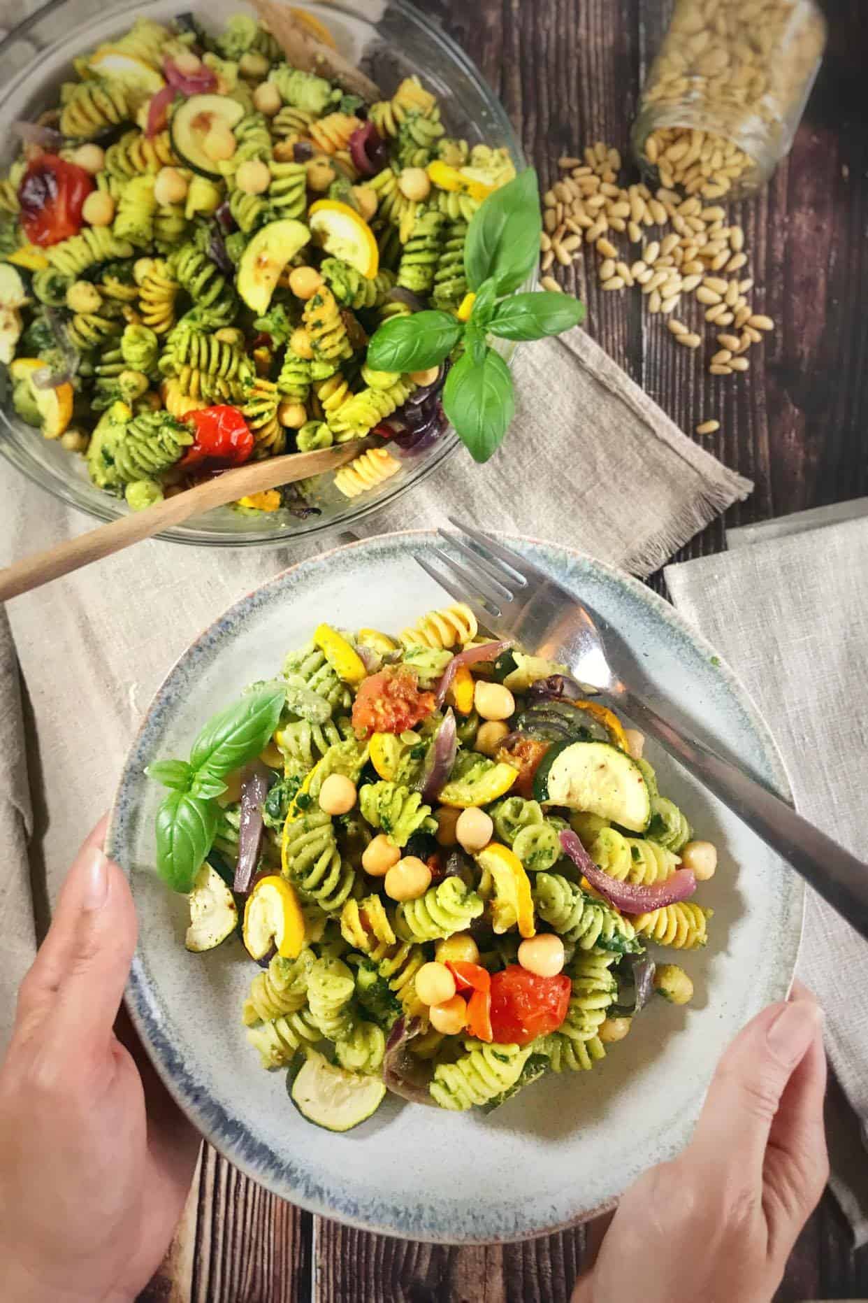 Vegan pesto pasta salad on a plate.