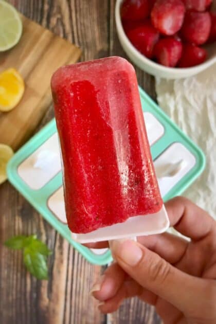 Closeup of strawberry popsicle.