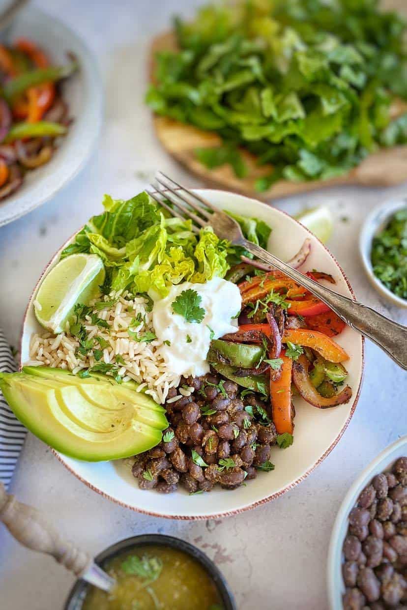 Closeup of black bean burrito bowl.