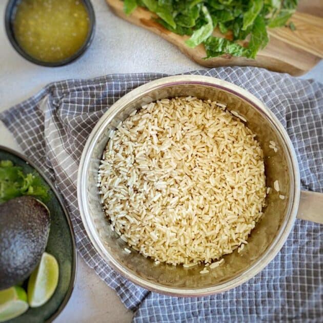 Cooked brown rice in a pot.