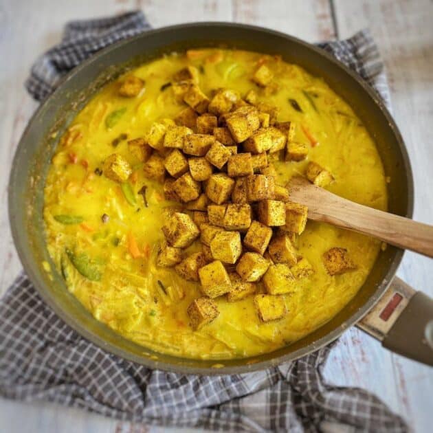 Adding tofu to vegan Thai curry.
