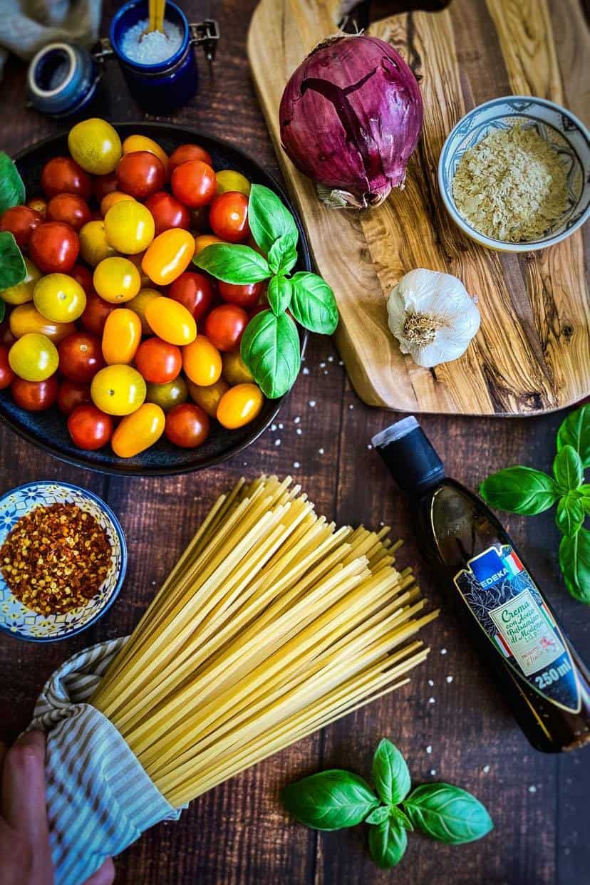 Ingredients for cherry tomato basil pasta.