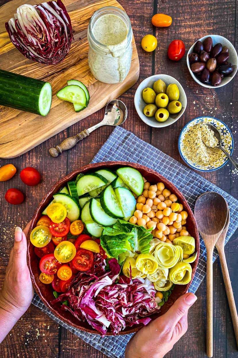 Bowl of vegan Italian salad.