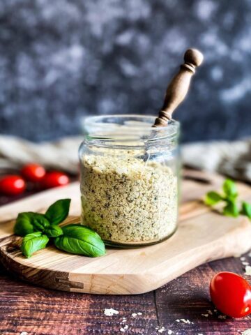 Vegan parmesan in a jar.