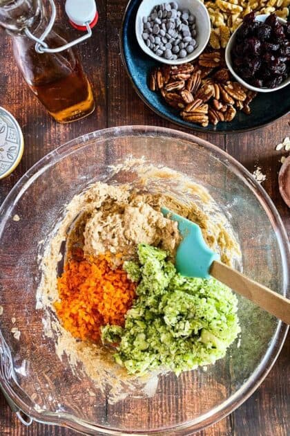 Shredded zucchini and carrots added to the muffin batter.
