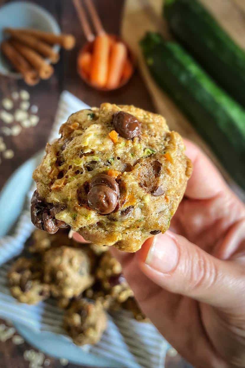 Hand holding a vegan zucchini muffin.