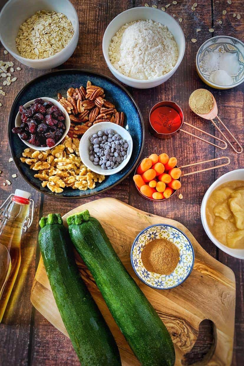 Ingredients for vegan zucchini muffins.