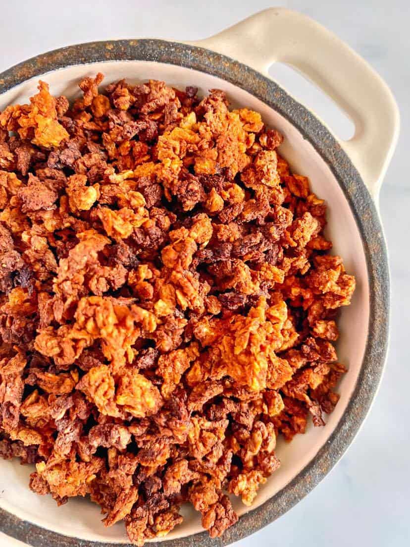 Closeup of vegan bacon bits.