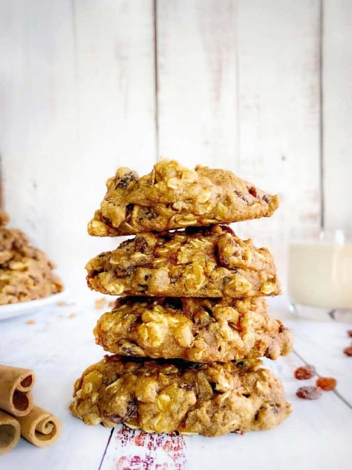Stack of vegan oatmeal raisin cookies.