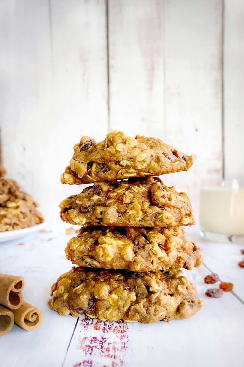 Stack of vegan oatmeal raisin cookies.