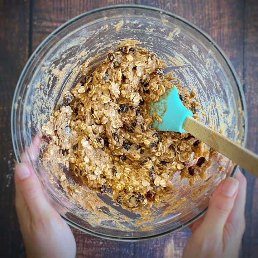 Bowl with raisins added into oatmeal cookie batter.