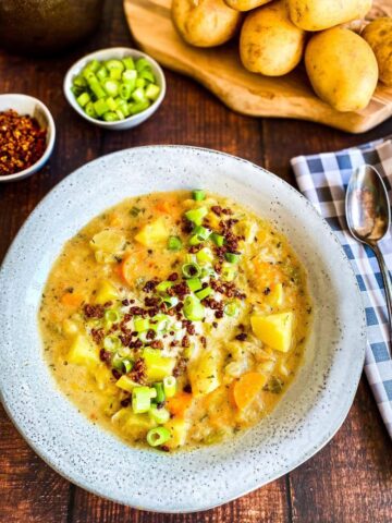 Vegan potato soup in a bowl.