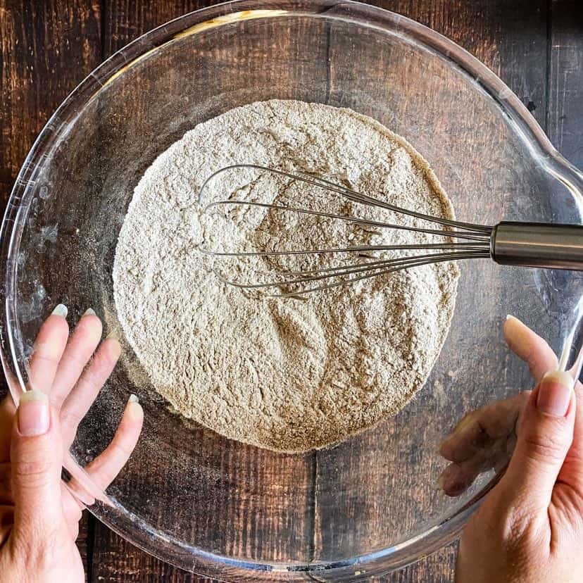 Dry ingredients whisked in a bowl.