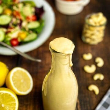 Vegan creamy balsamic dressing in a bottle.