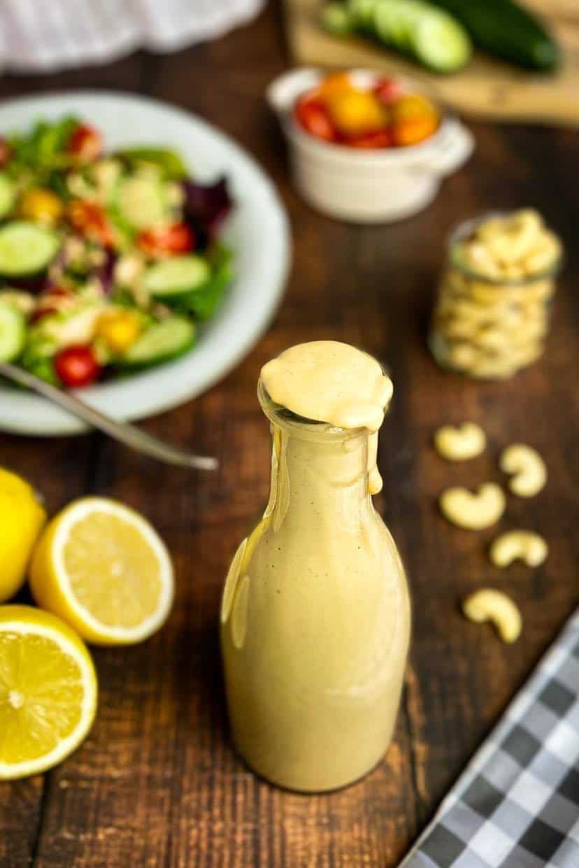 Vegan creamy balsamic dressing in a bottle.