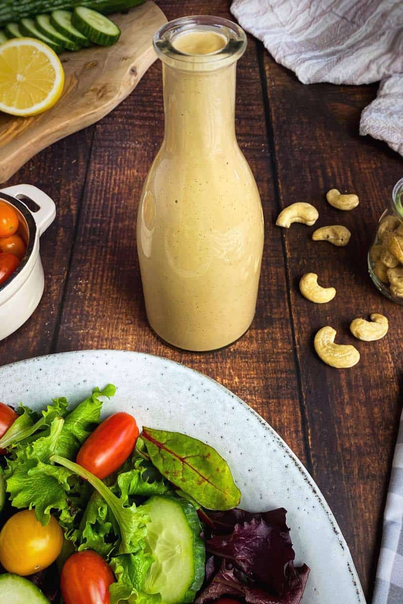 Jar of vegan balsamic dressing.