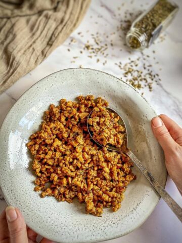 Vegan Italian sausage crumbles in a bowl.