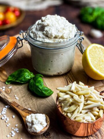 Almond ricotta cheese in a jar.