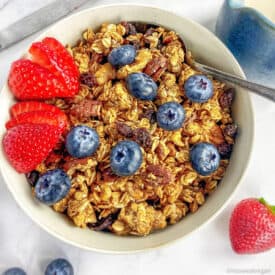 Closeup of vegan granola with blueberries.
