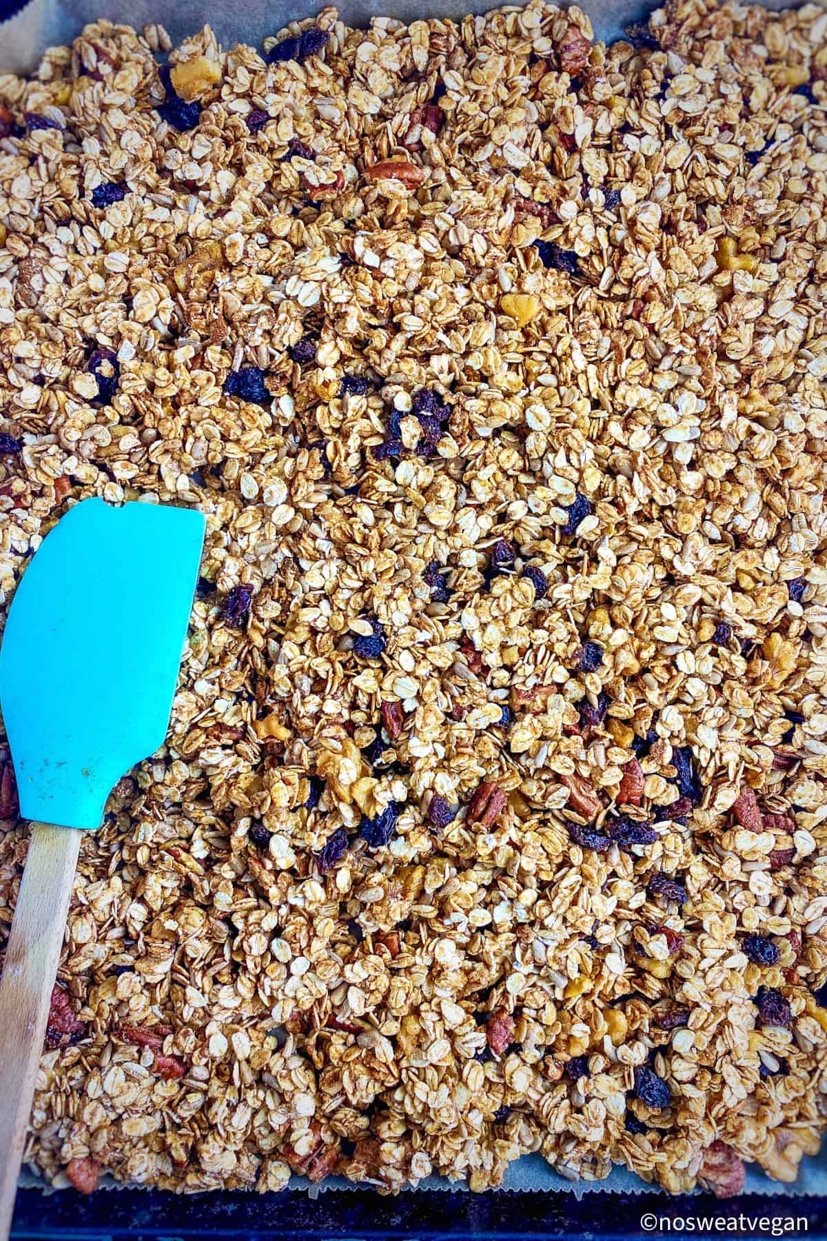 Vegan granola spread on a baking sheet.