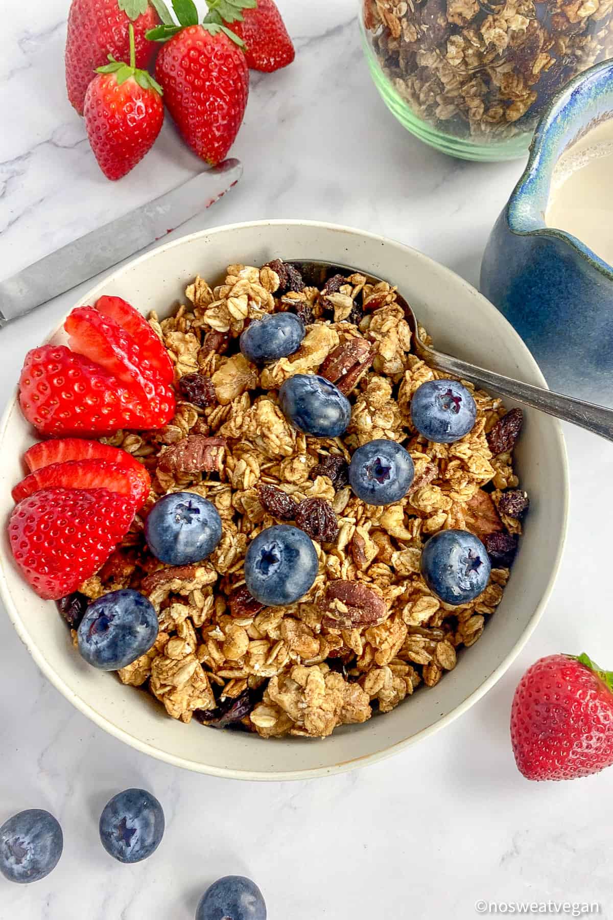 Vegan granola in a bowl with berries.