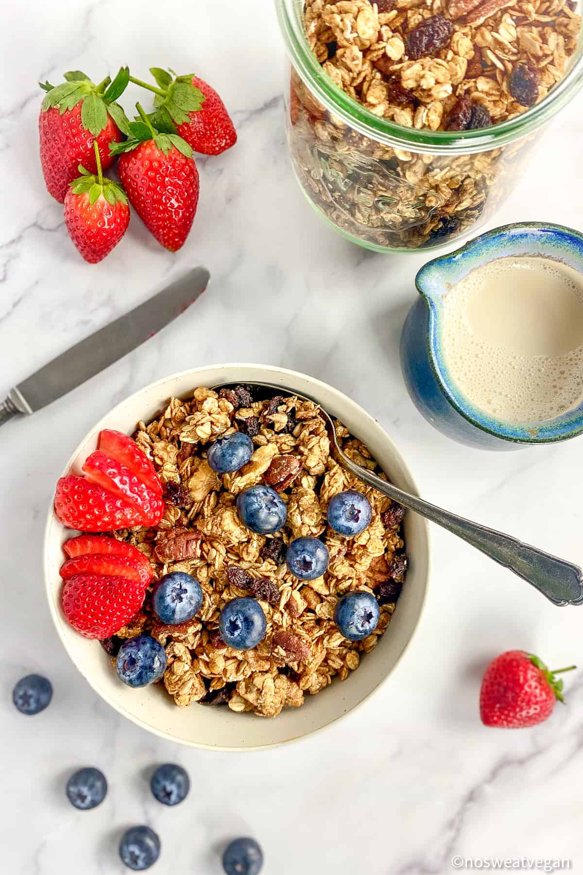 Vegan granola in a bowl with berries.