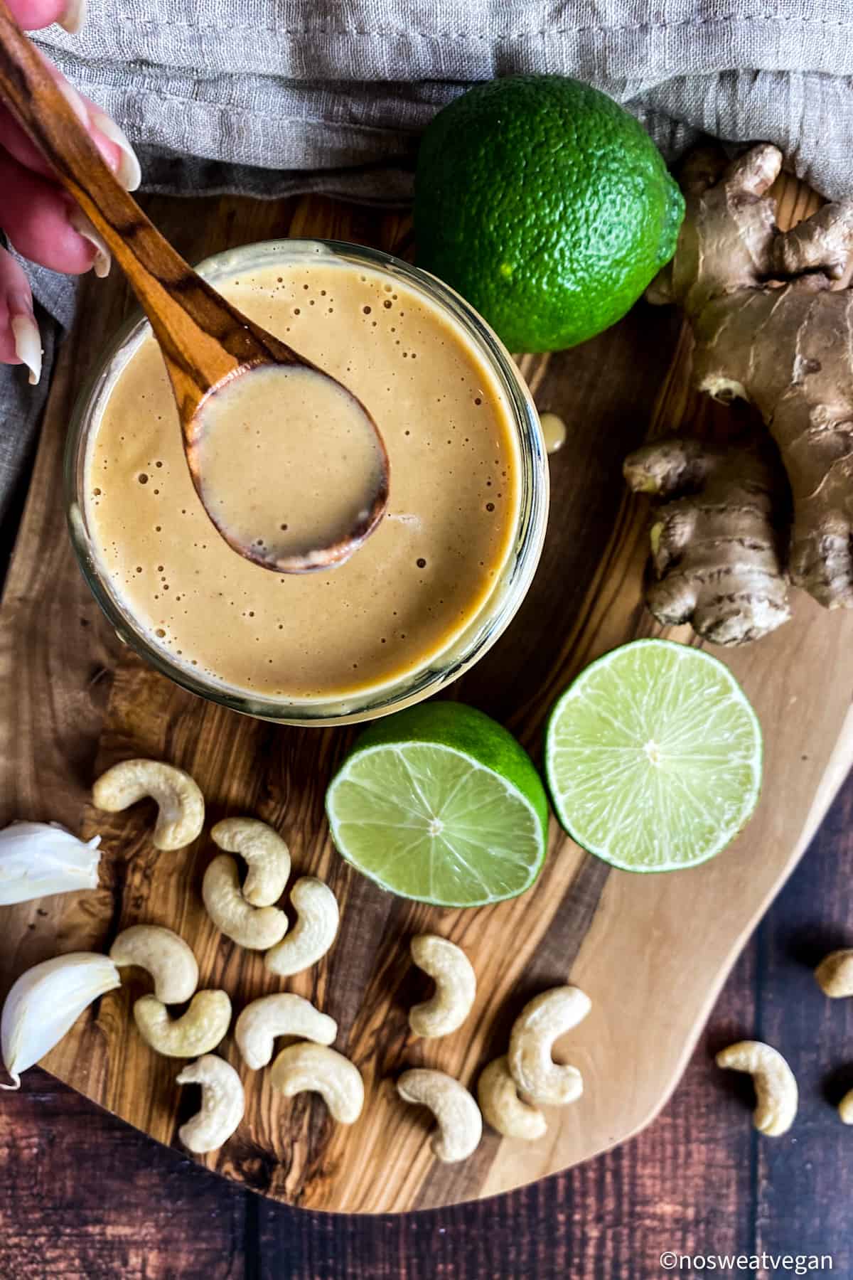 Asian Dressing with limes, ginger, cashews, and garlic.