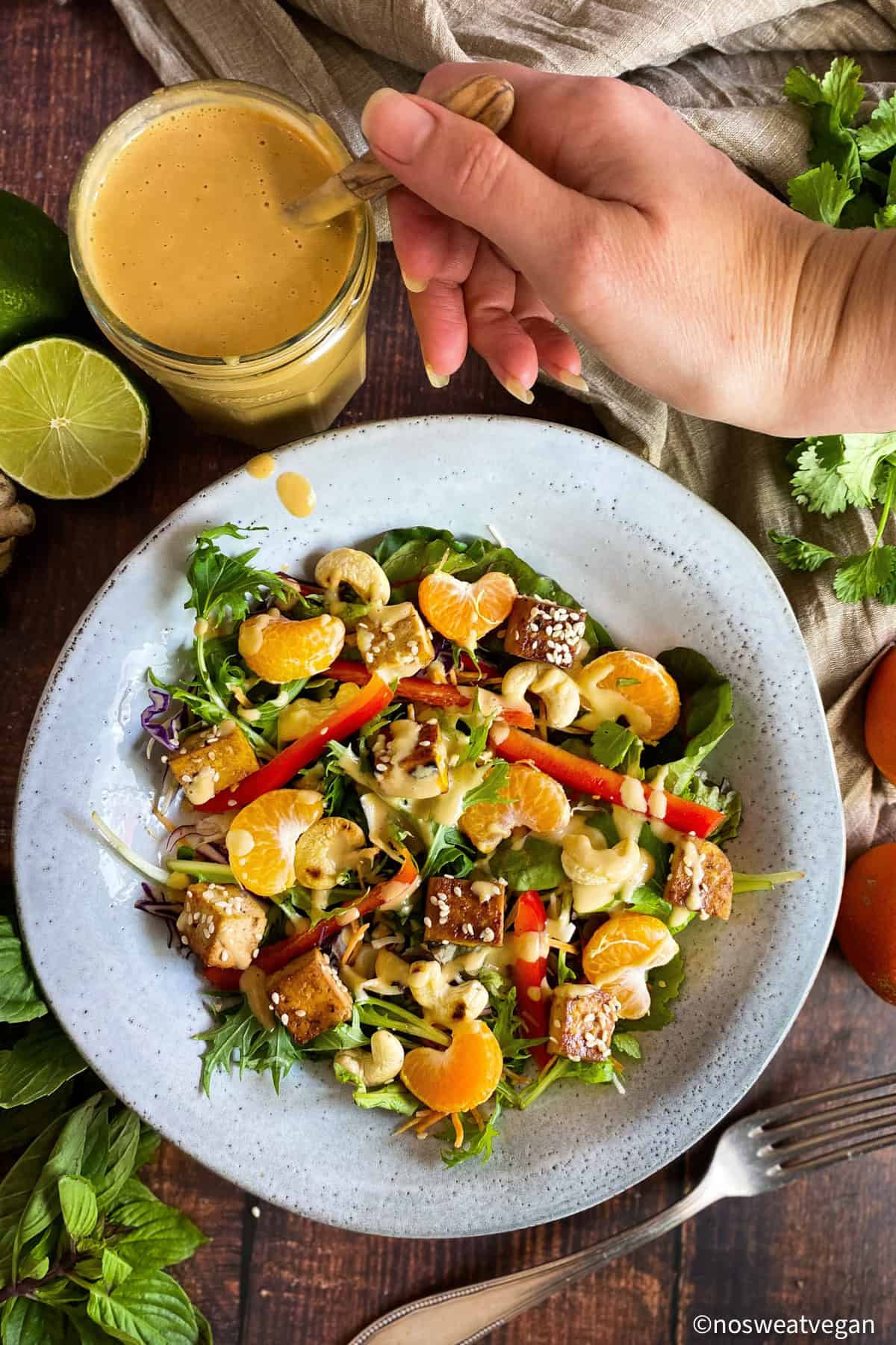 Asian Salad Dressing drizzled over a colorful Thai salad with mandarin slices, red pepper, and tofu.