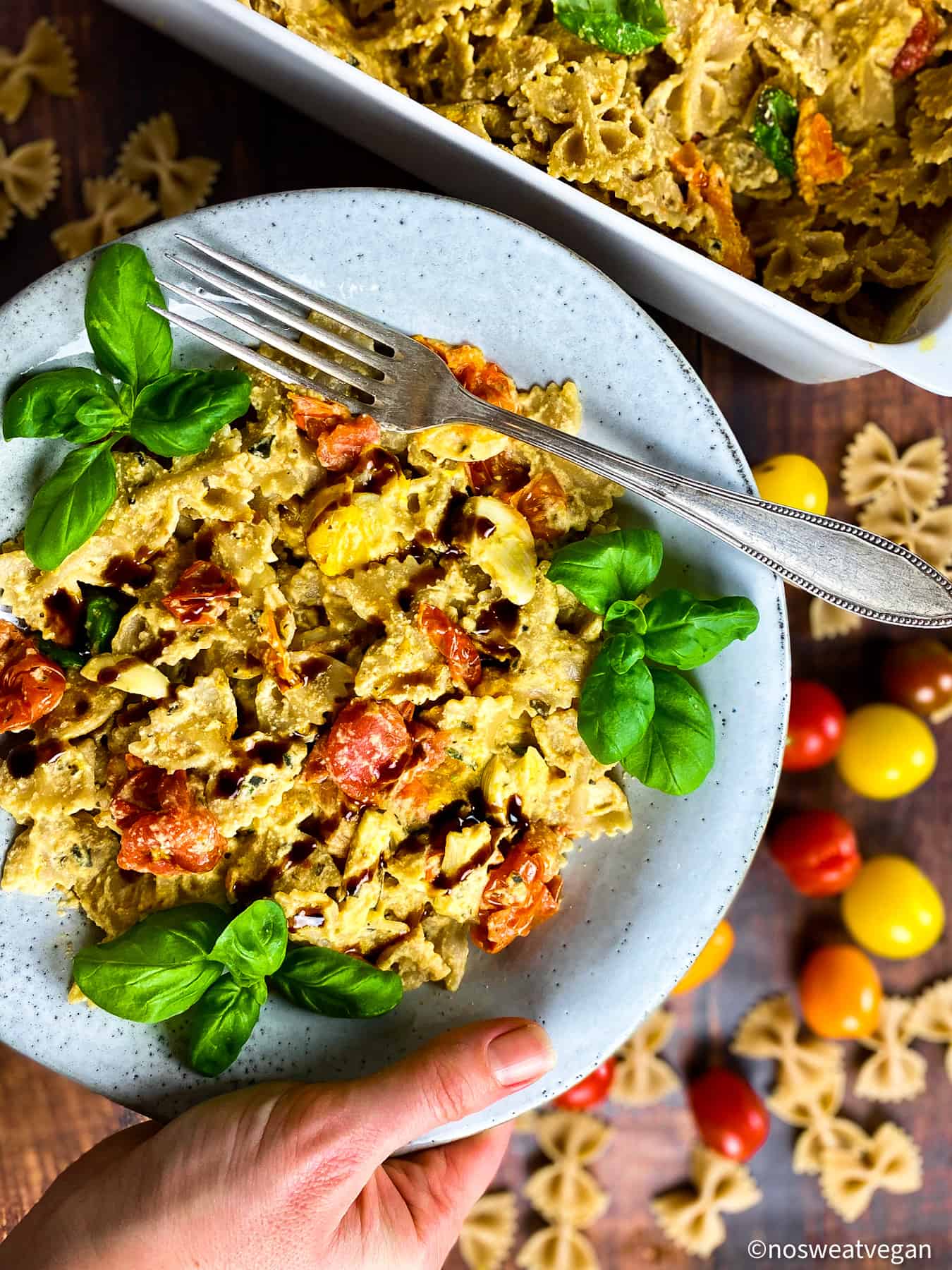 Vegan baked feta pasta in a bowl.
