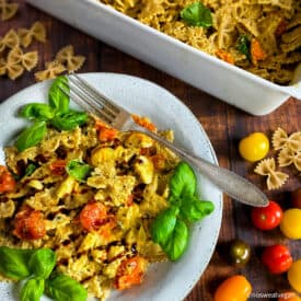 Vegan baked feta pasta in a bowl.