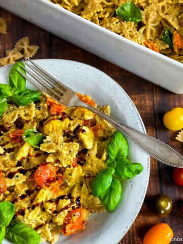 Vegan baked feta pasta in a bowl.