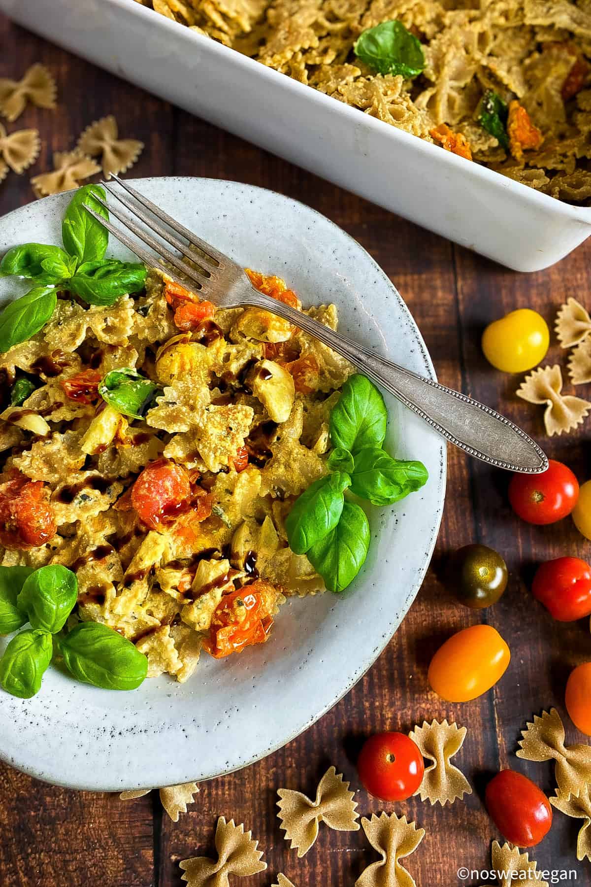 Baked feta pasta (vegan) in a bowl.