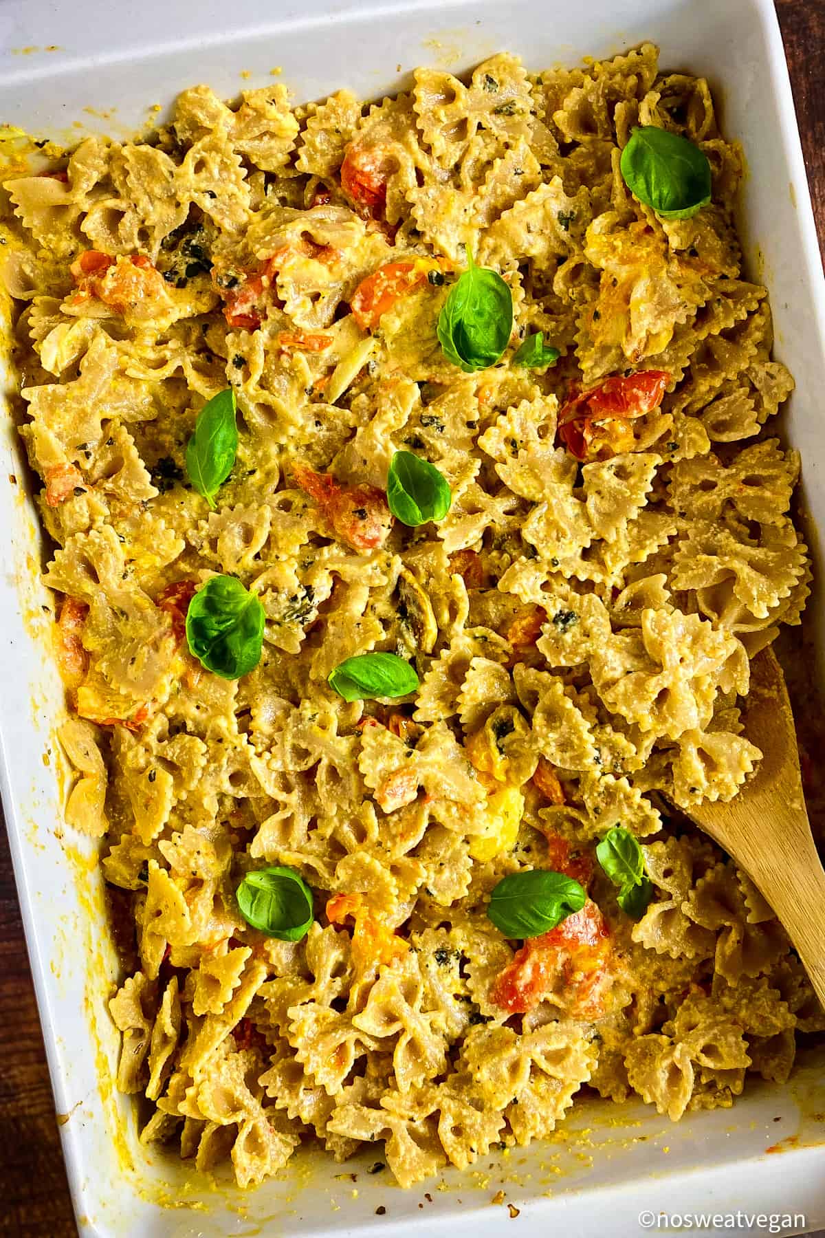 Vegan baked feta pasta in a dish.